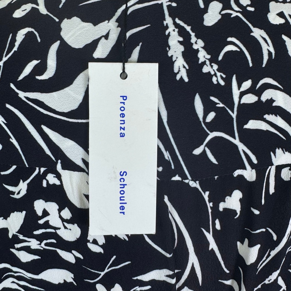 New Proenza Schouler Crepe De Chine Black White Floral Wrap Midi Dress Sz 6 - Picture 8 of 16